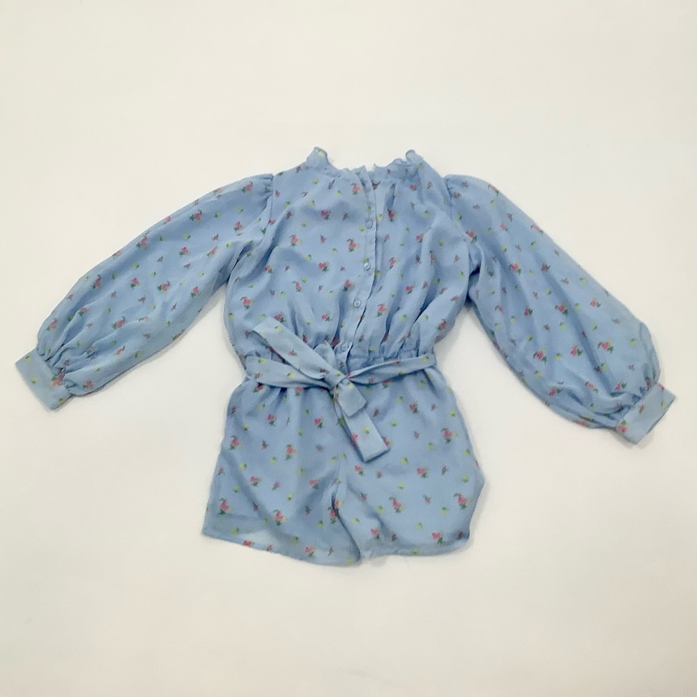 Janie and Jack Romper Girls 8 Blue Floral Long Sleeves Belt Ruffles